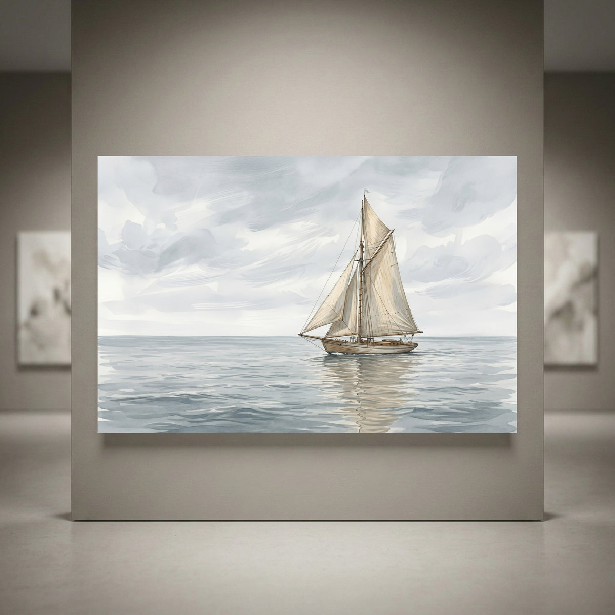 Watercolor style canvas print of a sailboat on calm blue ocean waters under a cloudy sky, perfect for coastal decor.