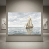 Watercolor style canvas print of a sailboat on calm blue ocean waters under a cloudy sky, perfect for coastal decor.