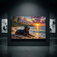 Rottweiler dog wearing sunglasses on a tropical beach at sunset canvas print, palm trees, ocean waves, vibrant sky, shells.