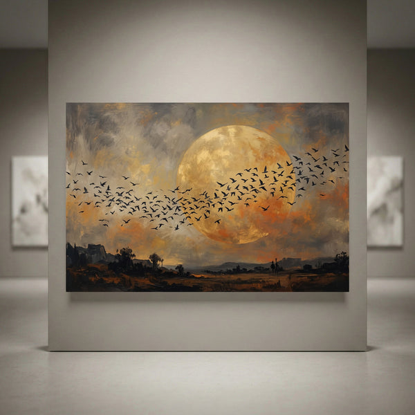 Dramatic full moon landscape canvas print with birds flying, oil painting style, dark nature art for wall decor.