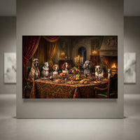 Humorous canvas print of various dog breeds dining at a candlelit table in an old castle, rich oil painting style.