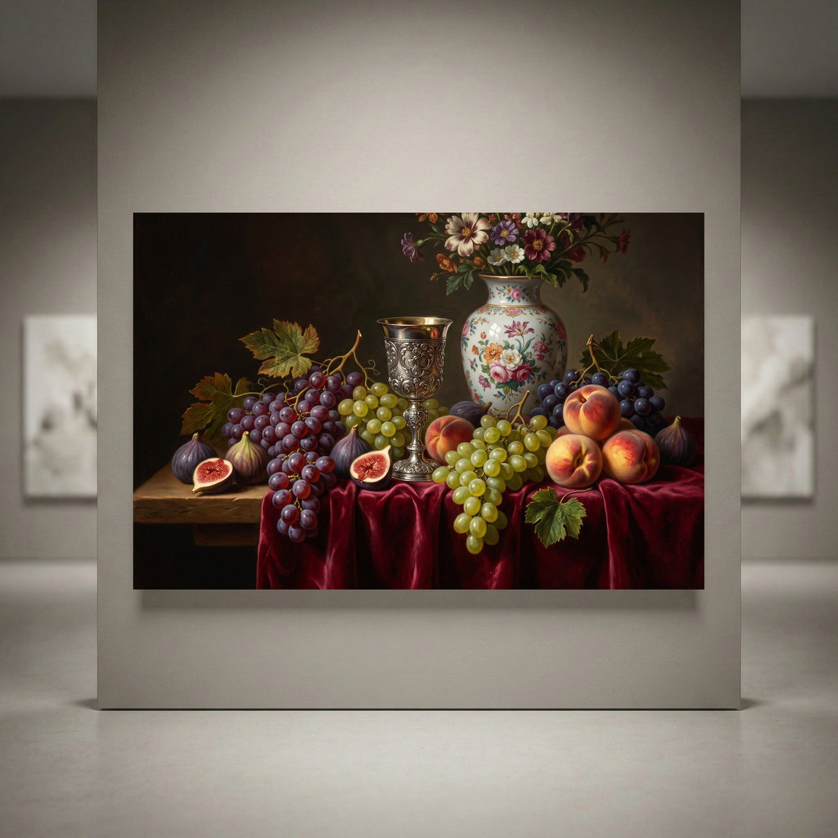 Classic still life canvas print with vibrant grapes, peaches, figs, flowers in a vase, and a silver chalice on red velvet.