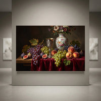 Classic still life canvas print with vibrant grapes, peaches, figs, flowers in a vase, and a silver chalice on red velvet.