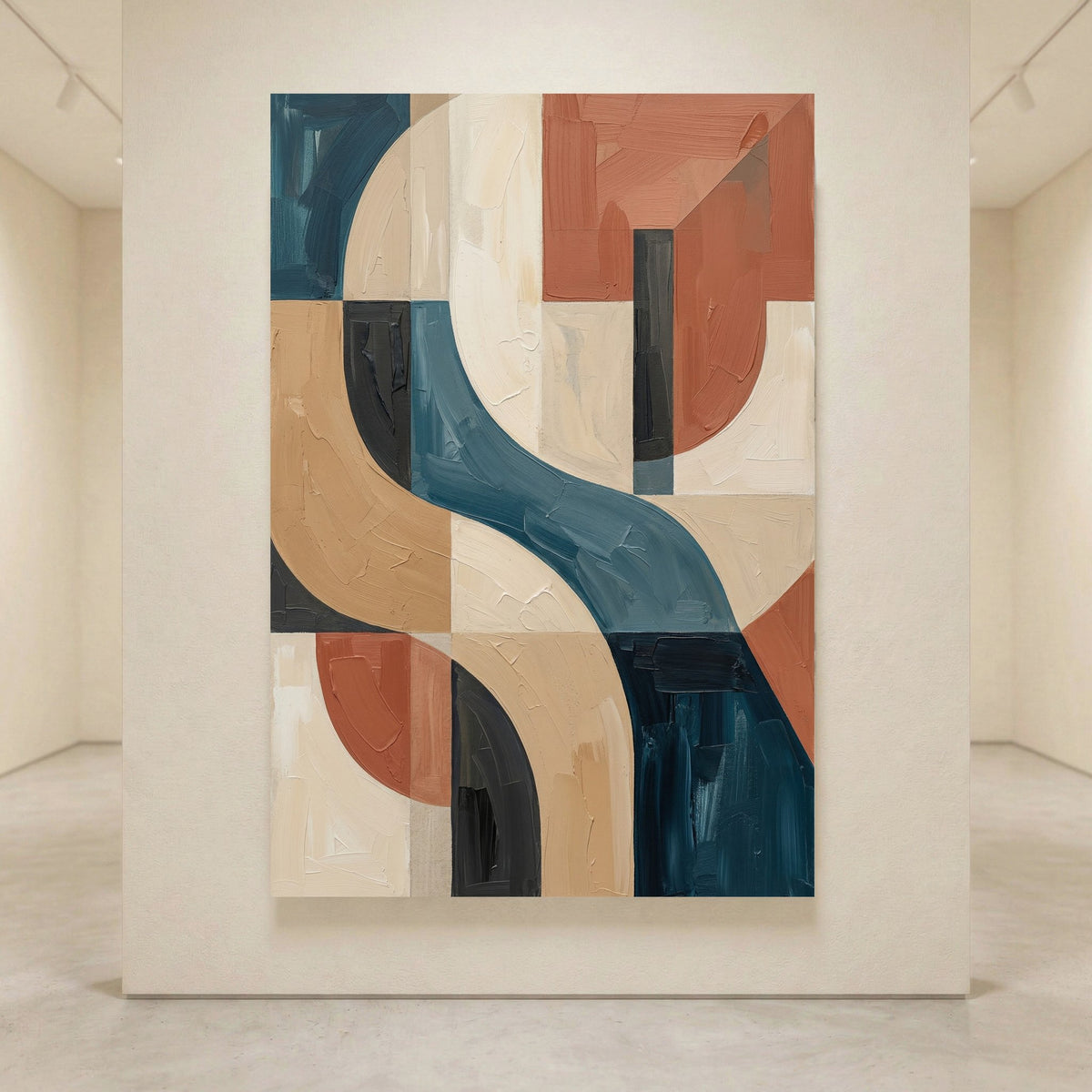 Abstract geometric canvas print with curved and block shapes in teal, terracotta, beige, and dark tones.