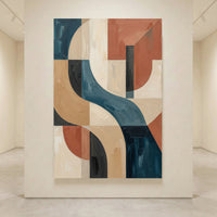 Abstract geometric canvas print with curved and block shapes in teal, terracotta, beige, and dark tones.