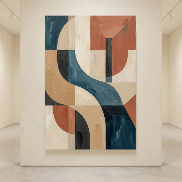 Abstract geometric canvas print with curved and block shapes in teal, terracotta, beige, and dark tones.