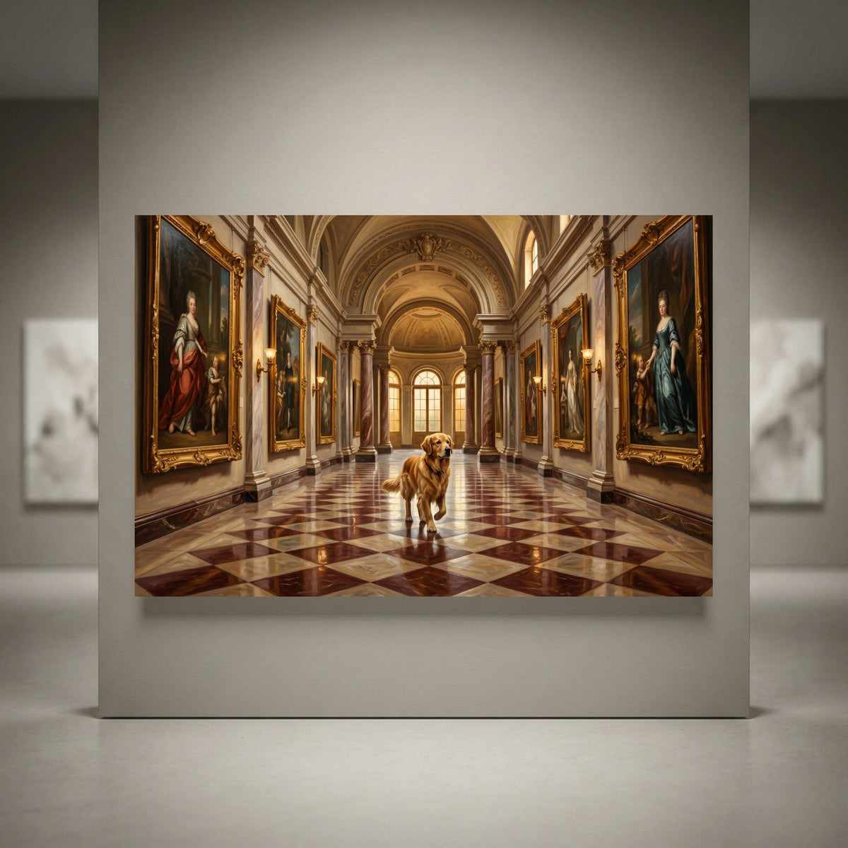 Golden Retriever dog canvas print in a grand museum hallway with classical paintings, opulent decor, and checkered floor.