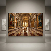 Golden Retriever dog canvas print in a grand museum hallway with classical paintings, opulent decor, and checkered floor.