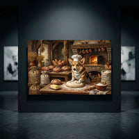 Corgi baker dog kneading dough in a rustic bakery, surrounded by bread, flour, and a warm fireplace, oil painting style canvas print.