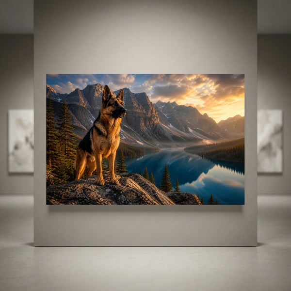 German Shepherd dog on rocks overlooking a mountain lake at sunset, realistic nature landscape canvas print.