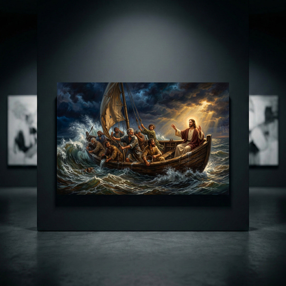 Jesus Christ calming the storm, oil painting style canvas print with disciples in a boat, dramatic waves and light.