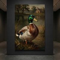 Mallard duck in a pond with reeds, rustic house, and trees in classic oil painting style canvas print art.