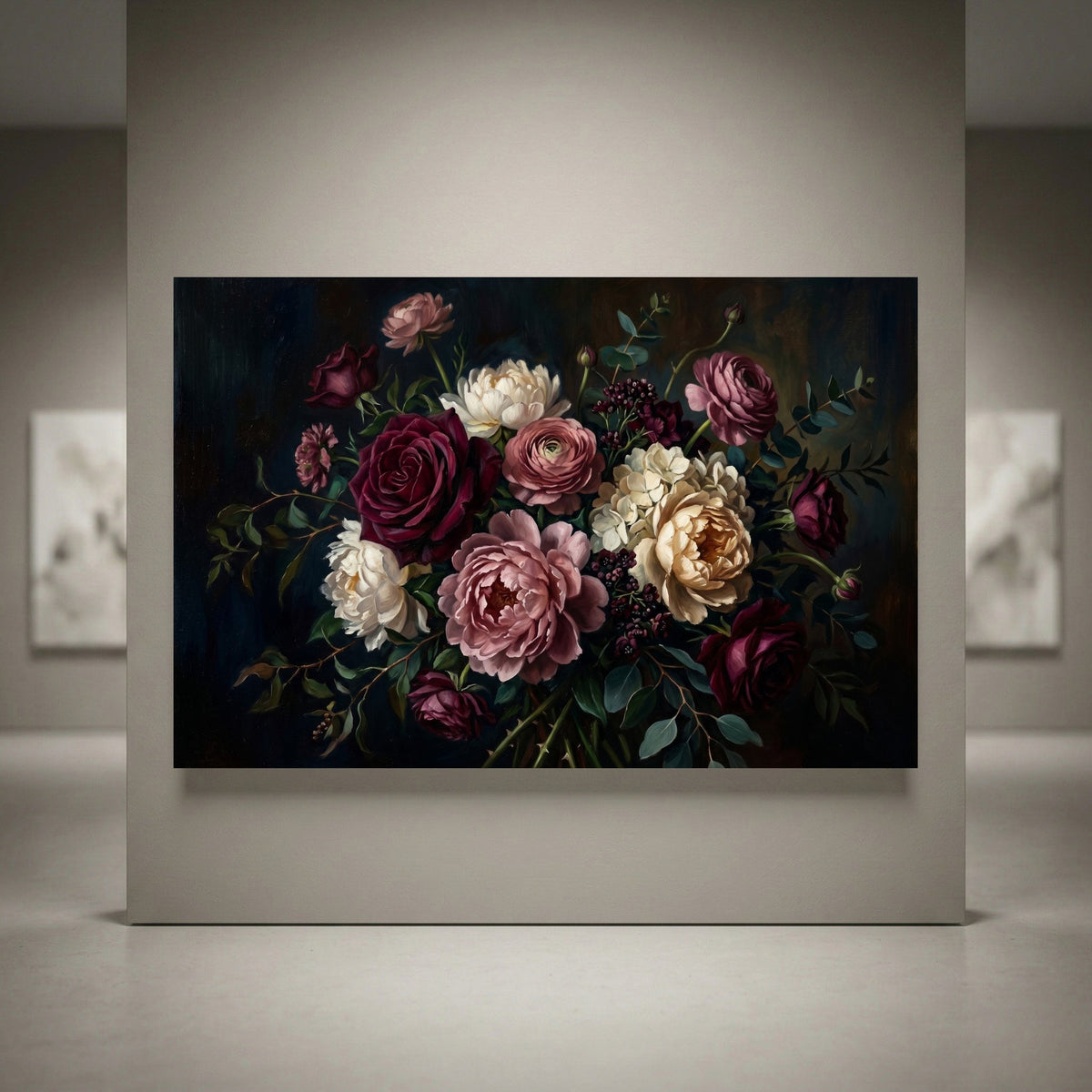 Dark floral canvas print featuring a lush bouquet of deep red roses, pink peonies, and white flowers in classic oil painting style.