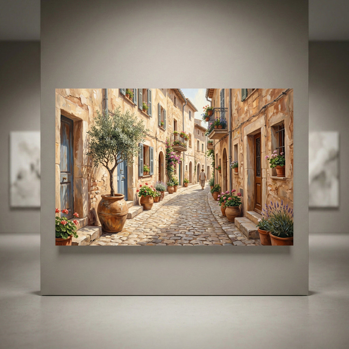 Charming Mediterranean village street canvas print, featuring old stone buildings, potted flowers, and a cobblestone path.