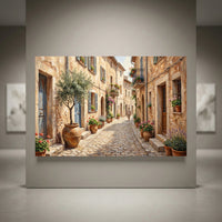 Charming Mediterranean village street canvas print, featuring old stone buildings, potted flowers, and a cobblestone path.