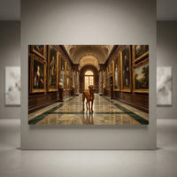 Rhodesian Ridgeback dog in a grand art gallery canvas print, featuring classical portraits and elegant museum architecture.