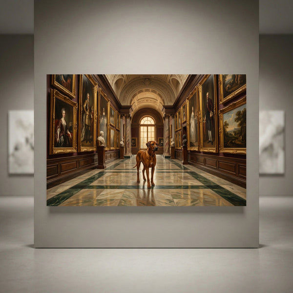 Rhodesian Ridgeback dog in a grand art gallery canvas print, featuring classical portraits and elegant museum architecture.