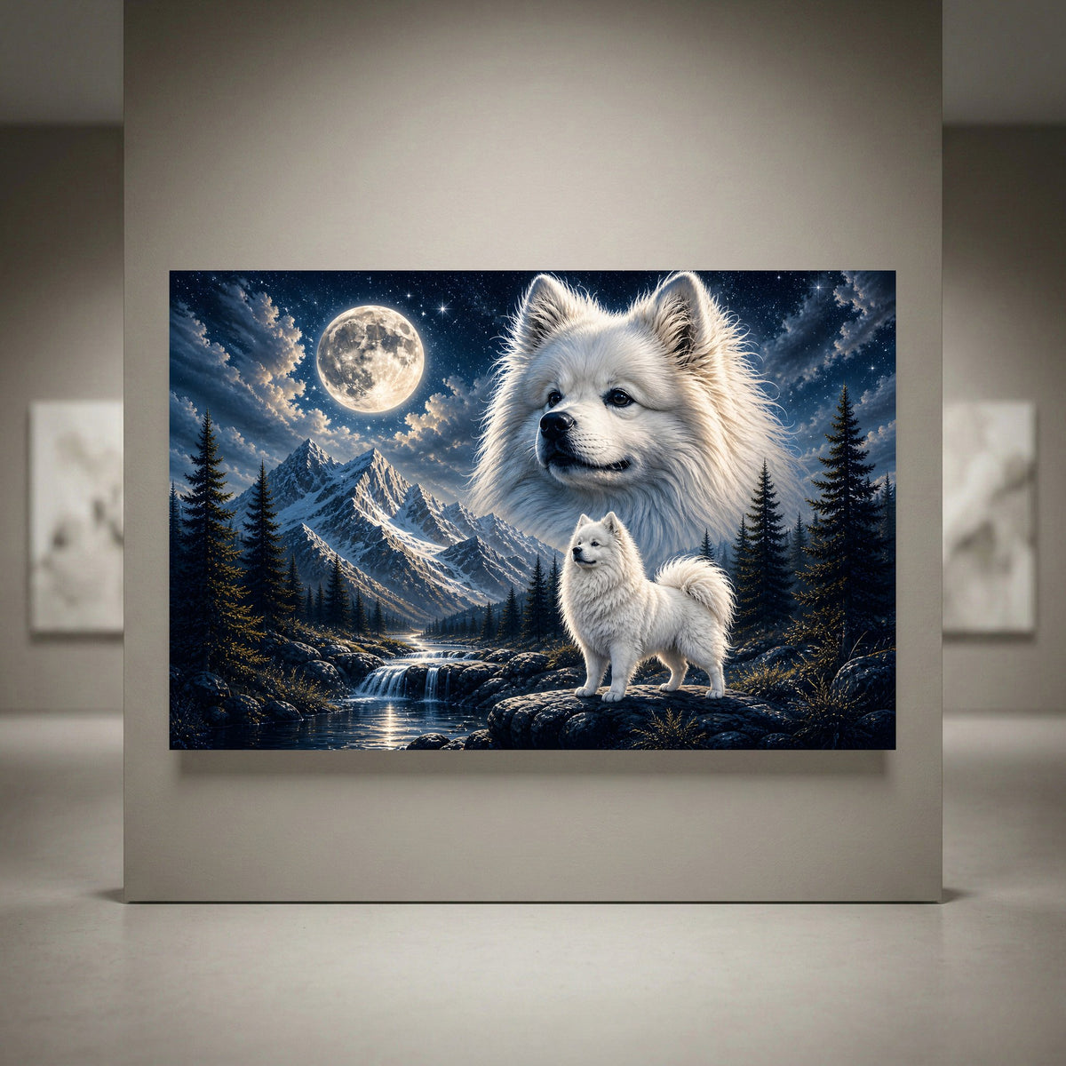 Fluffy white Samoyed dogs canvas print: large dog portrait, small dog on rocks, moonlit mountains, starry sky, waterfall.