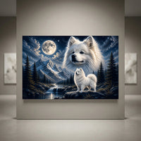 Fluffy white Samoyed dogs canvas print: large dog portrait, small dog on rocks, moonlit mountains, starry sky, waterfall.
