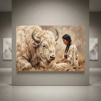 Oil painting style canvas print featuring a majestic white bison and a Native American woman in a field.