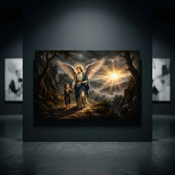 Guardian angel guiding child canvas print, spiritual landscape, sun rays, classic religious oil painting style wall art.