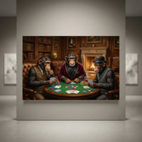 Chimpanzees playing poker canvas print in a classic oil painting style, featuring three dapper chimps at a card table.