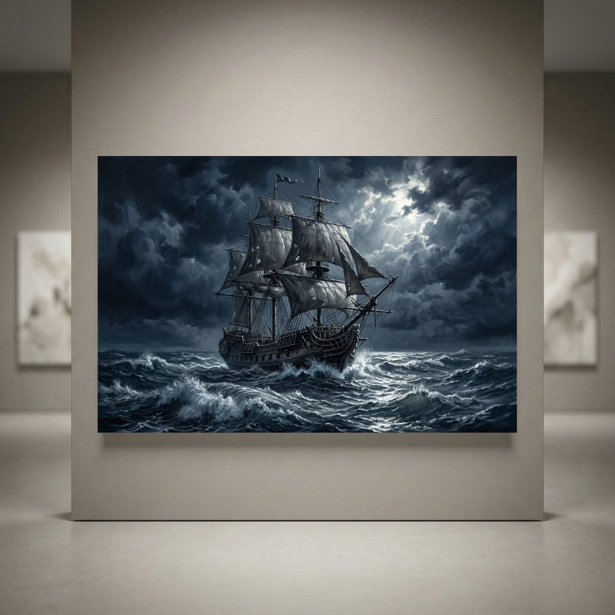 Dramatic pirate ship oil painting style canvas print on stormy seas under moonlit sky, nautical art.