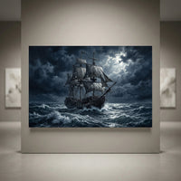 Dramatic pirate ship oil painting style canvas print on stormy seas under moonlit sky, nautical art.