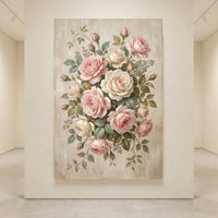 Romantic floral canvas print featuring a bouquet of pink and cream roses with green leaves and berries in a vintage art style.
