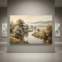 Serene river landscape canvas print in oil painting style, depicting misty hills, winding river, and trees in muted, earthy tones.