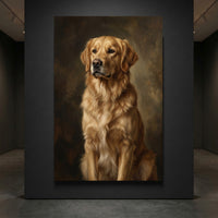 Elegant Golden Retriever dog portrait canvas print in a classical oil painting style, with rich golden fur and dark background.