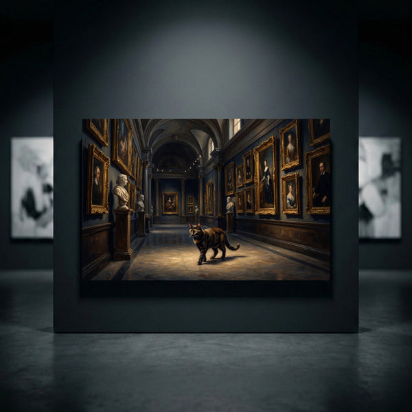 Tortoiseshell cat in an opulent art gallery with framed classical portraits and busts, rich oil painting style canvas print.