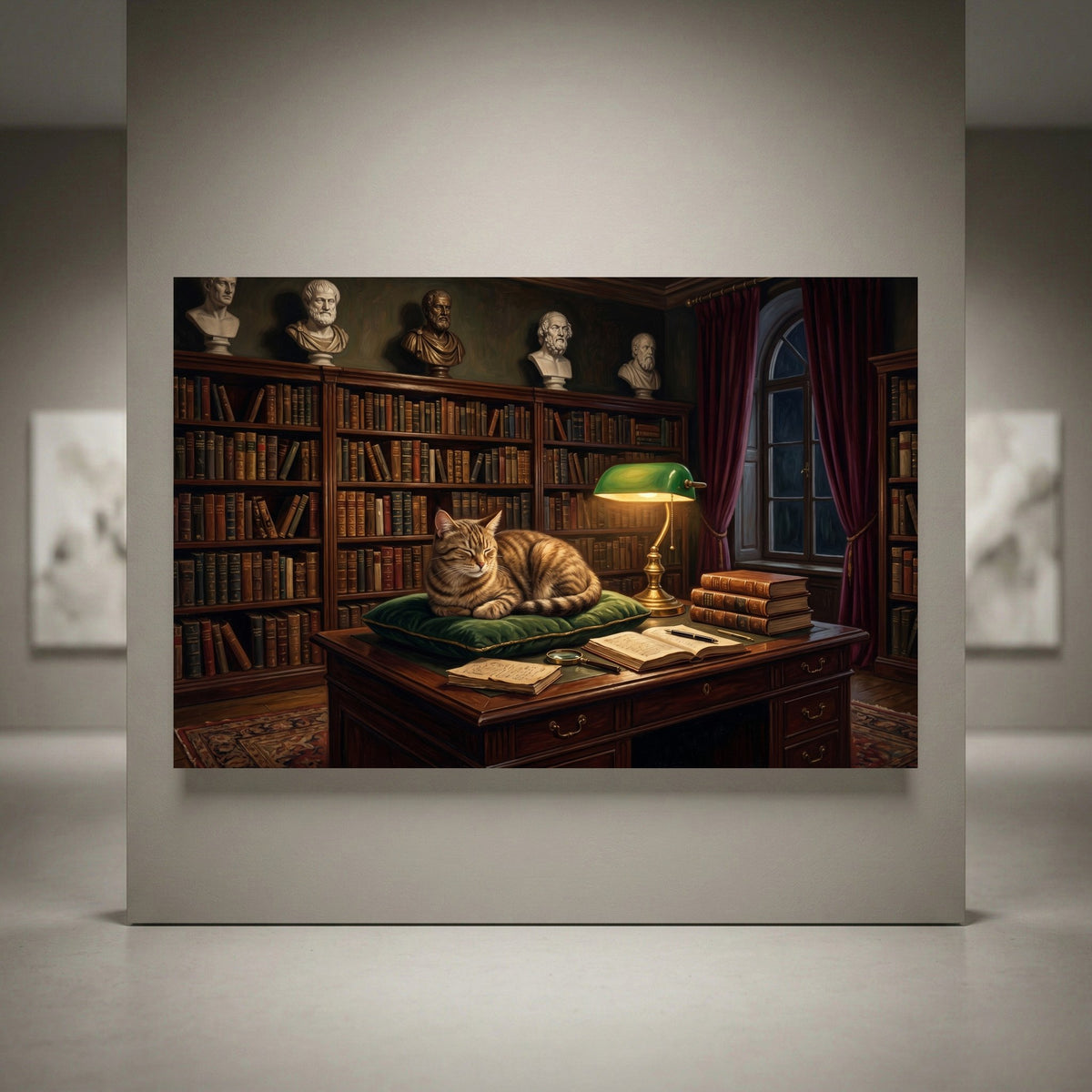 Scholarly tabby cat in a vintage library with books, busts, and a green lamp. Classic oil painting style canvas print.