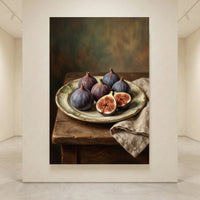 Still life canvas print featuring ripe purple figs on a plate, rich oil painting style on a rustic wooden table.