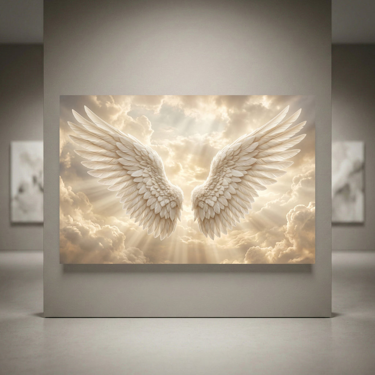 White angelic wings with golden clouds and divine sun rays. Spiritual heaven-themed canvas print wall art.