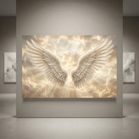 White angelic wings with golden clouds and divine sun rays. Spiritual heaven-themed canvas print wall art.