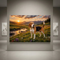 Beagle dog canvas print in a vibrant mountain sunset scene with a river and wildflowers, oil painting style art.