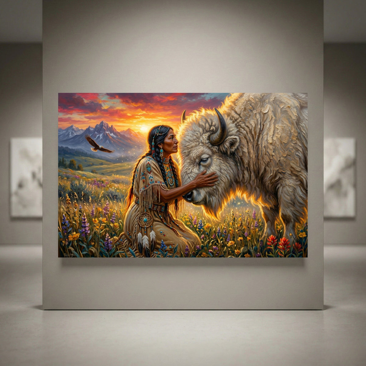 Native American woman and white bison canvas print in an expressive oil painting style, with sunset, mountains, eagle, wildflowers.