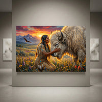 Native American woman and white bison canvas print in an expressive oil painting style, with sunset, mountains, eagle, wildflowers.