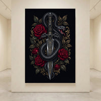 Dark fantasy canvas print of a black snake coiling around an ornate dagger, surrounded by deep red roses and gold leaves.