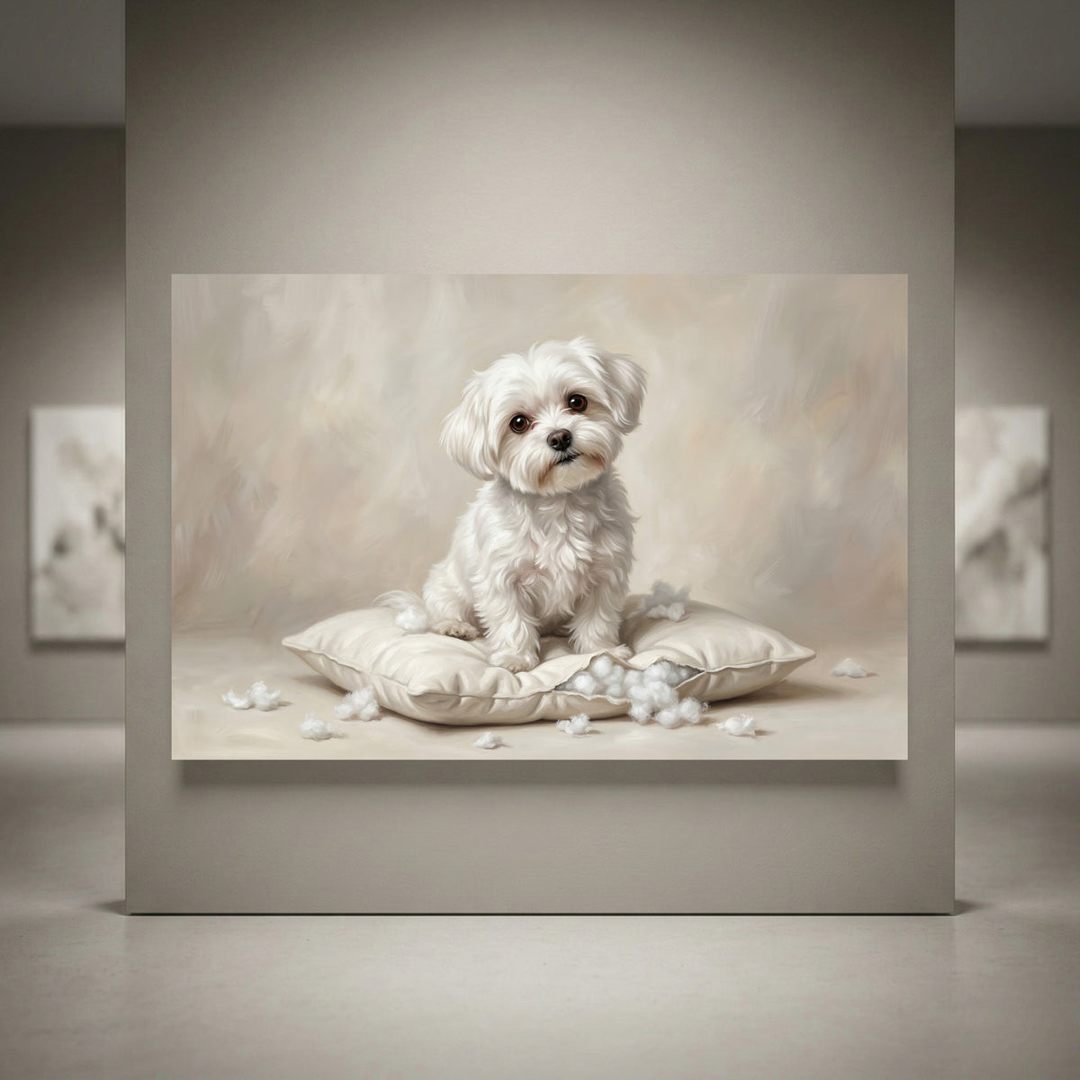 White Maltese Stretched Canvas Wall Art, Soft Dog Portrait Print, Elegant Bedroom Decor
