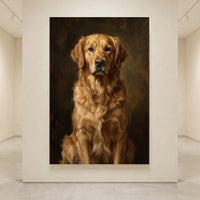 Golden Retriever dog portrait canvas print in a classic oil painting style, featuring a rich, dark background.