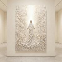 Textured relief canvas print of a divine figure with flowing robes and angelic wings, bathed in ethereal light, spiritual art.