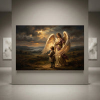 Guardian angel and child canvas print. Religious spiritual art with light, dramatic sky, and classic oil painting style.