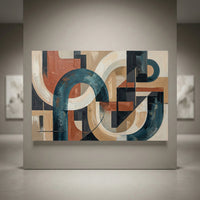 Abstract geometric canvas print featuring a modern design with terracotta, deep teal, beige, and black textured shapes.