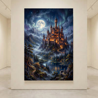 Fantasy castle canvas print at night with full moon, aurora, mountains, river, and glowing lights in an oil painting style.
