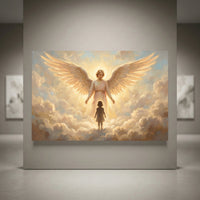 Divine angel with golden wings watching over a child, surrounded by glowing clouds. Inspiring religious canvas print.