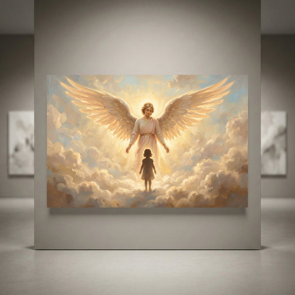 Divine angel with golden wings watching over a child, surrounded by glowing clouds. Inspiring religious canvas print.
