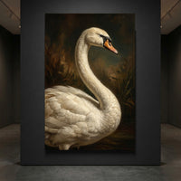 Classic white swan portrait canvas print in a dark, atmospheric oil painting style with detailed feathers and elegant posture.