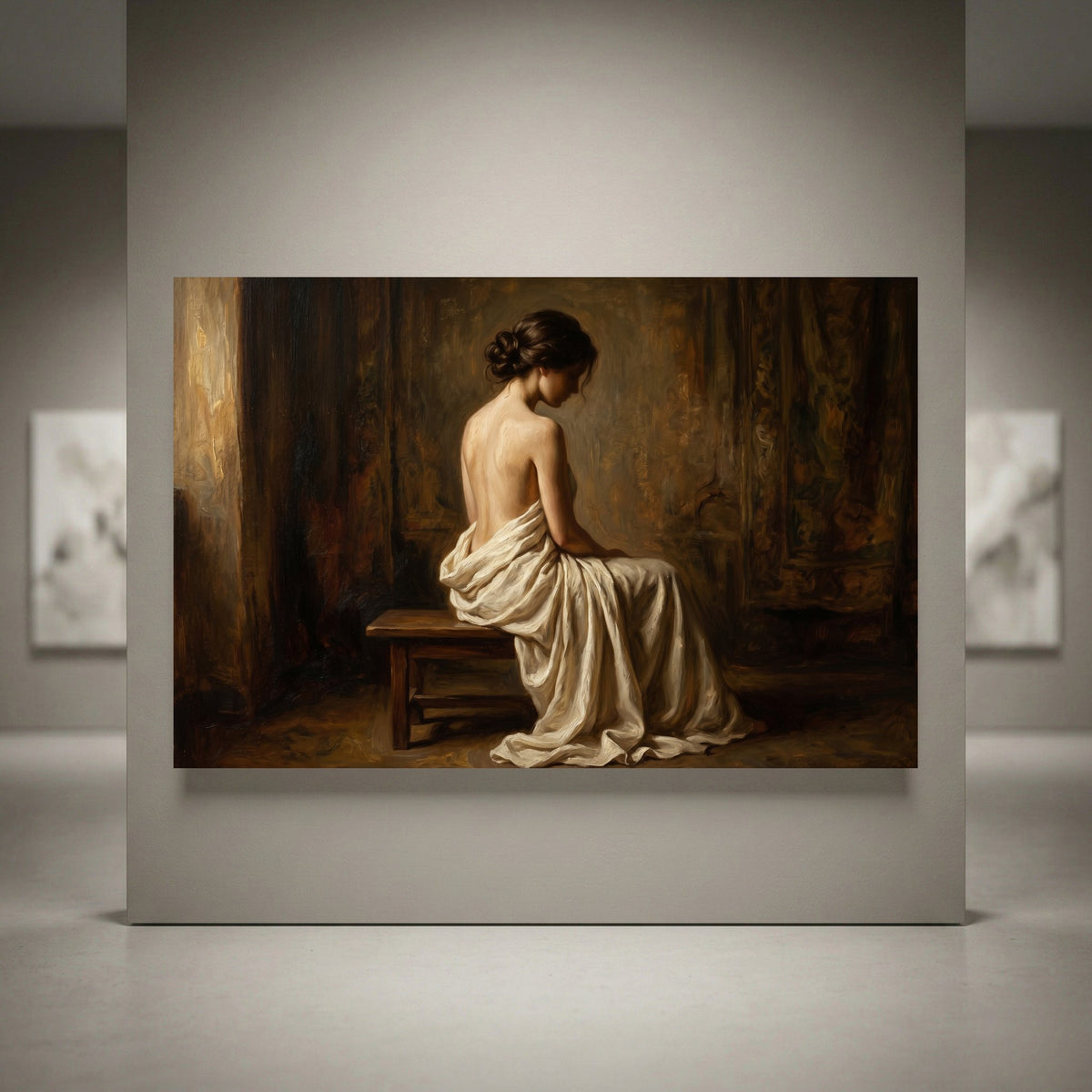 Classical oil painting style canvas print of a contemplative woman seated, back turned, draped in white fabric.